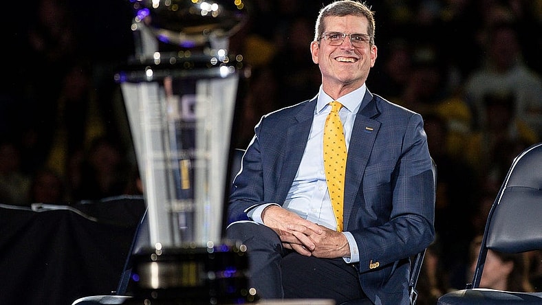 Jim Harbaugh looks on during the Michigan Wolverines' national championship celebration at Crisler Center in Ann Arbor on Jan. 13, 2024.