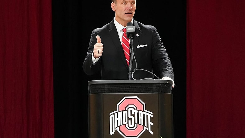 Jan 17, 2024; Columbus, OH, USA; Ross Bjork speaks during an introductory press conference for Ohio State University   s new athletic director at the Covelli Center.