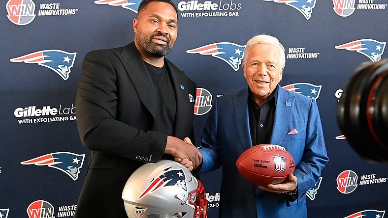 Jan 17, 2024; Foxborough, MA, USA; New England Patriots head coach Jerod Mayo (L) and owner Robert Kraft pose for photos after a press conference announcing Mayo's hiring as the team's head coach at Gillette Stadium. Mandatory Credit: Eric Canha-USA TODAY Sports