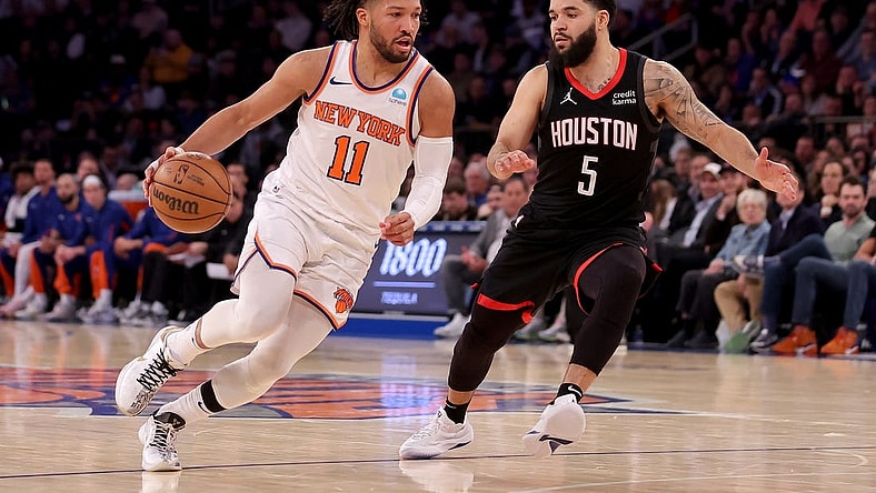 Jan 17, 2024; New York, New York, USA; New York Knicks guard Jalen Brunson (11) drives to the basket against Houston Rockets guard Fred VanVleet (5) during the second quarter at Madison Square Garden. Mandatory Credit: Brad Penner-USA TODAY Sports