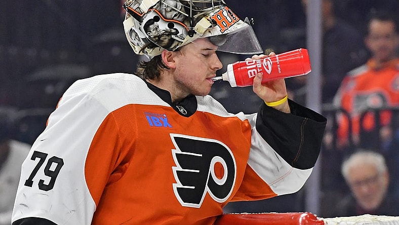 Jan 8, 2024; Philadelphia, Pennsylvania, USA; Philadelphia Flyers goaltender Carter Hart (79) against the Pittsburgh Penguins at Wells Fargo Center. Mandatory Credit: Eric Hartline-USA TODAY Sports