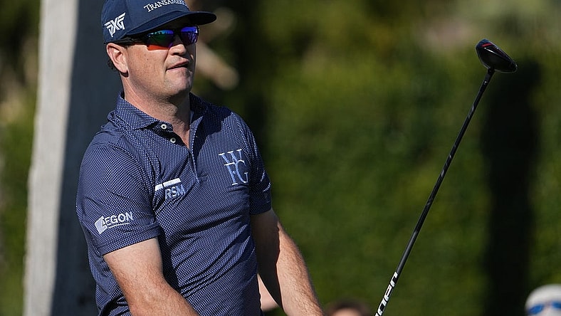 Jan 18, 2024; La Quinta, California, USA; Zach Johnson hits his tee shot on the first hole during the first round of the The American Express golf tournament at La Quinta Country Club. Mandatory Credit: Ray Acevedo-USA TODAY Sports