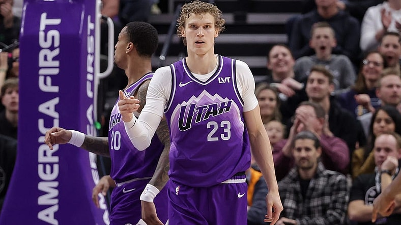 Jan 18, 2024; Salt Lake City, Utah, USA;  Utah Jazz forward Lauri Markkanen (23) reacts after scoring a basket during the second quarter against the Oklahoma City Thunder at Delta Center. Mandatory Credit: Chris Nicoll-USA TODAY Sports
