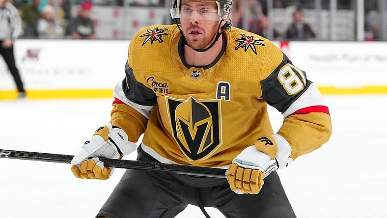 Jan 18, 2024; Las Vegas, Nevada, USA; Vegas Golden Knights right wing Jonathan Marchessault (81) skates against the New York Rangers during the second period at T-Mobile Arena. Mandatory Credit: Stephen R. Sylvanie-USA TODAY Sports