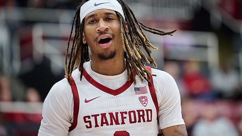 Jan 18, 2024; Stanford, California, USA; Stanford Cardinal guard Kanaan Carlyle (3) reacts during the first half against the Washington State Cougars at Maples Pavilion. Mandatory Credit: Robert Edwards-USA TODAY Sports