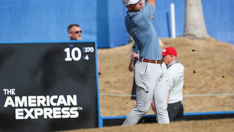 Sam Burns tees off on the 10th hole of the Nicklaus Tournament Course at PGA West during the second round of the American Express in La Quinta, Calif., Jan. 19, 2023.