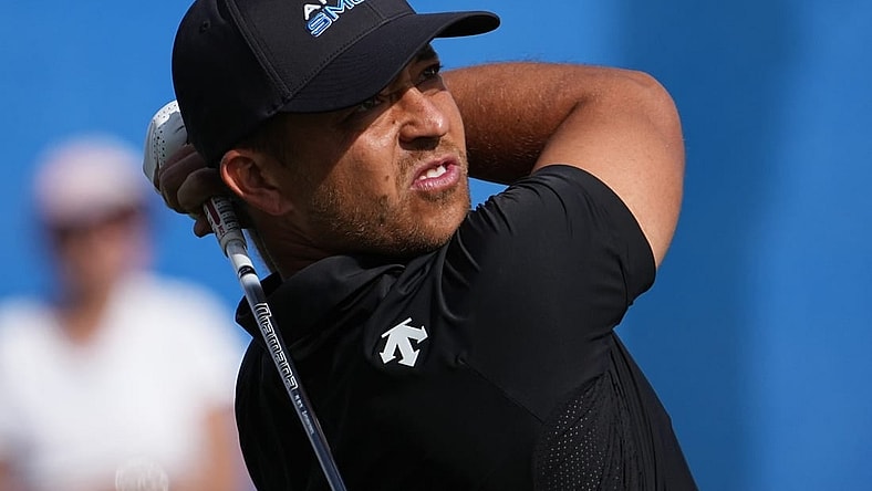 Jan 19, 2024; La Quinta, California, USA; Xander Schauffele hits his tee shot on the tenth hole during the second round of the The American Express golf tournament at PGA West Dye Stadium Cours. Mandatory Credit: Ray Acevedo-USA TODAY Sports