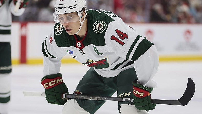 Jan 19, 2024; Sunrise, Florida, USA; Minnesota Wild center Joel Eriksson Ek (14) looks on against the Florida Panthers during the first period at Amerant Bank Arena. Mandatory Credit: Sam Navarro-USA TODAY Sports