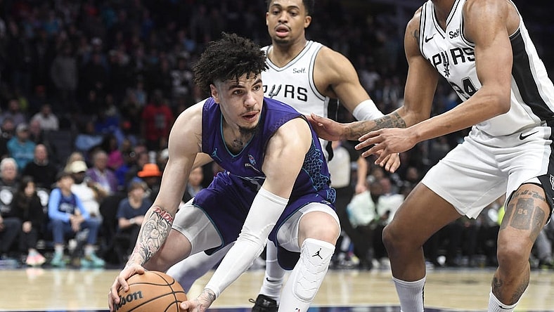 Jan 19, 2024; Charlotte, North Carolina, USA;  Charlotte Hornets guard LaMelo Ball (1) gets an inbound ball during the second half against the Charlotte Hornets at the Spectrum Center. Mandatory Credit: Sam Sharpe-USA TODAY Sports