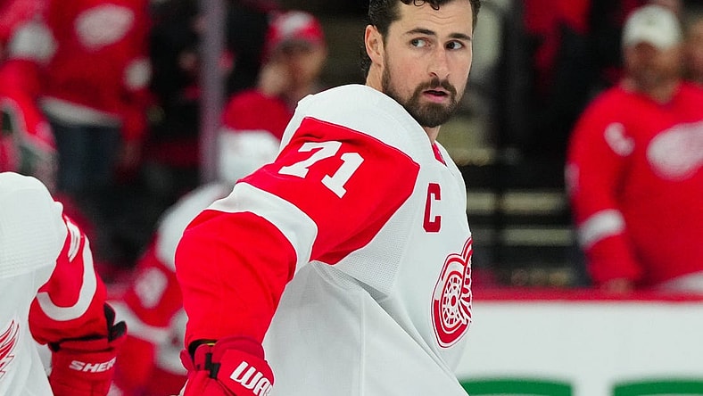 Jan 19, 2024; Raleigh, North Carolina, USA; Detroit Red Wings center Dylan Larkin (71) looks on during the warmups before the game against the Carolina Hurricanes at PNC Arena. Mandatory Credit: James Guillory-USA TODAY Sports