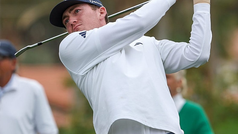 Amateur Nick Dunlap tees off on the 12th hole at La Quinta Country Club during the third round of the American Express golf tournament in La Quinta, Calif., Jan. 20, 2024.