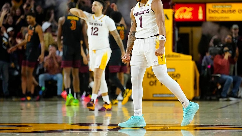 ASU guard Frankie Collins (1) celebrates a steal and a basket against USC on Jan. 20, 2024, during a game at Desert Financial Arena.