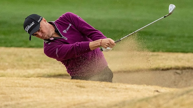 Justin Thomas hits out of a bunker on his approach to the 18th green of the Pete Dye Stadium Course during Round 3 of The American Express at PGA West in La Quinta, Calif., Saturday, Jan. 20, 2024.
