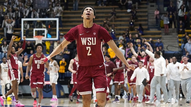 Jan 20, 2024; Berkeley, California, USA; Washington State Cougars guard Myles Rice (2) reacts after making a three point basket to force overtime against the California Golden Bears during the second half at Haas Pavilion. Mandatory Credit: Darren Yamashita-USA TODAY Sports
