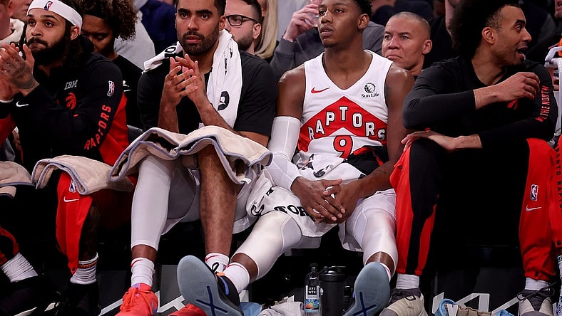 Jan 20, 2024; New York, New York, USA; Toronto Raptors guard RJ Barrett (9) watches from the bench during the fourth quarter against the New York Knicks at Madison Square Garden. Mandatory Credit: Brad Penner-USA TODAY Sports