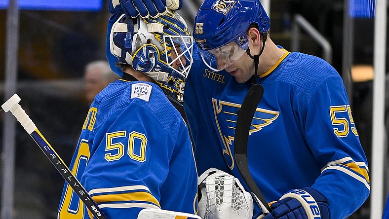 Jan 20, 2024; St. Louis, Missouri, USA;  St. Louis Blues goaltender Jordan Binnington (50) and defenseman Colton Parayko (55) celebrate after the Blues defeated the Washington Capitals at Enterprise Center. Mandatory Credit: Jeff Curry-USA TODAY Sports