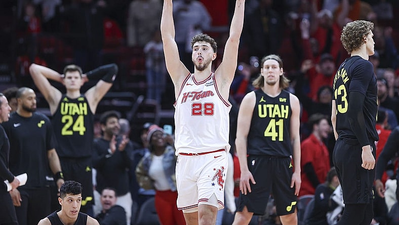 Jan 20, 2024; Houston, Texas, USA; Houston Rockets center Alperen Sengun (28) reacts after the Rockets defeated the Utah Jazz at Toyota Center. Mandatory Credit: Troy Taormina-USA TODAY Sports