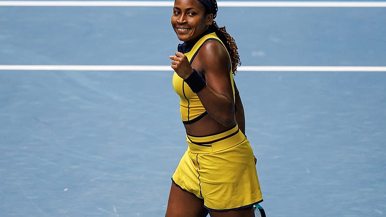 Jan 21, 2024; Melbourne, Victoria, Australia;   Coco Gauff of the United States celebrates her victory over Magdalena Frech of Poland in the fourth round of the women s singles at the Australian Open 2024. Mandatory Credit: Mike Frey-USA TODAY Sports