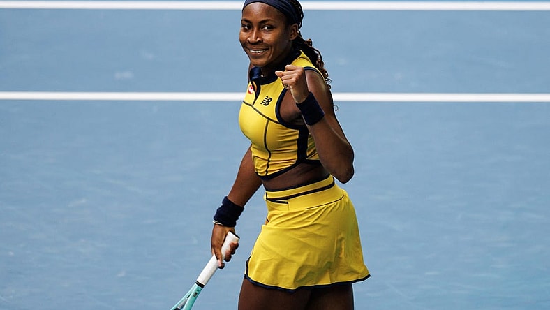 Jan 21, 2024; Melbourne, Victoria, Australia;   Coco Gauff of the United States celebrates her victory over Magdalena Frech of Poland in the fourth round of the women s singles at the Australian Open 2024. Mandatory Credit: Mike Frey-USA TODAY Sports