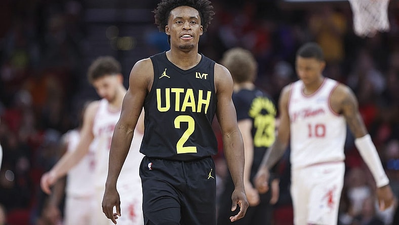 Jan 20, 2024; Houston, Texas, USA; Utah Jazz guard Collin Sexton (2) reacts during the game against the Houston Rockets at Toyota Center. Mandatory Credit: Troy Taormina-USA TODAY Sports