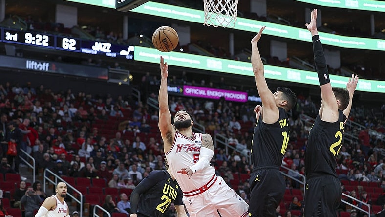 Jan 20, 2024; Houston, Texas, USA; Houston Rockets guard Fred VanVleet (5) shoots the ball during the game against the Utah Jazz at Toyota Center. Mandatory Credit: Troy Taormina-USA TODAY Sports