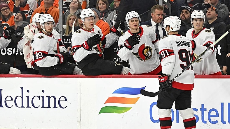 Jan 21, 2024; Philadelphia, Pennsylvania, USA; Ottawa Senators right wing Vladimir Tarasenko (91) celebrates his goal with teammates against the Philadelphia Flyers during the third period at Wells Fargo Center. Mandatory Credit: Eric Hartline-USA TODAY Sports
