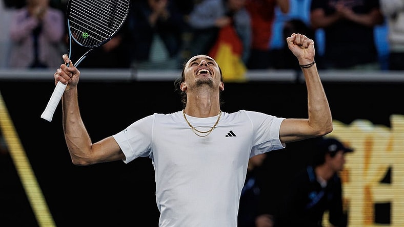 Jan 22, 2024; Melbourne, Victoria, Australia; Alexander Zverev of Germany celebrates his victory over Cameron Norrie of Great Britain in the fourth round of the men s singles at the Australian Open in Melbourne. Mandatory Credit: Mike Frey-USA TODAY Sports