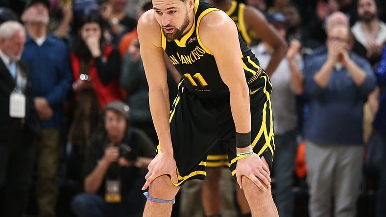 Jan 15, 2024; Memphis, Tennessee, USA; Golden State Warriors guard Klay Thompson (11) reacts during the second half against the Memphis Grizzlies at FedExForum. Mandatory Credit: Petre Thomas-USA TODAY Sports