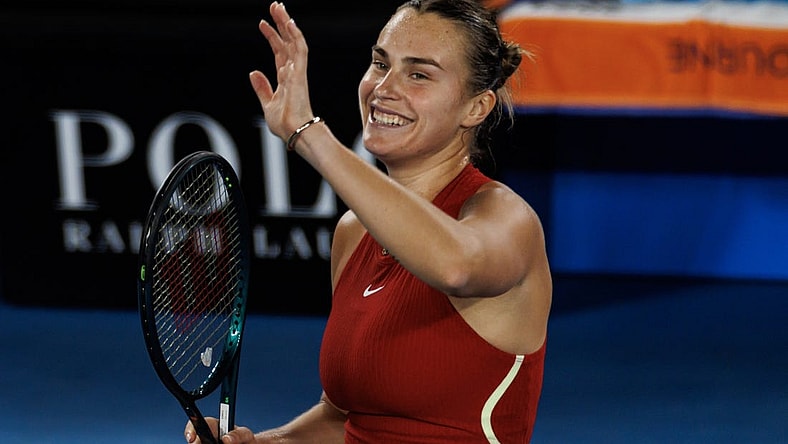Jan 23, 2024; Melbourne, Victoria, Australia;  Aryna Sabalenka of Belarus celebrates her victory over Barbora Krejcikpva of the Czech Republic in the quarter final of the women s singles. Mandatory Credit: Mike Frey-USA TODAY Sports