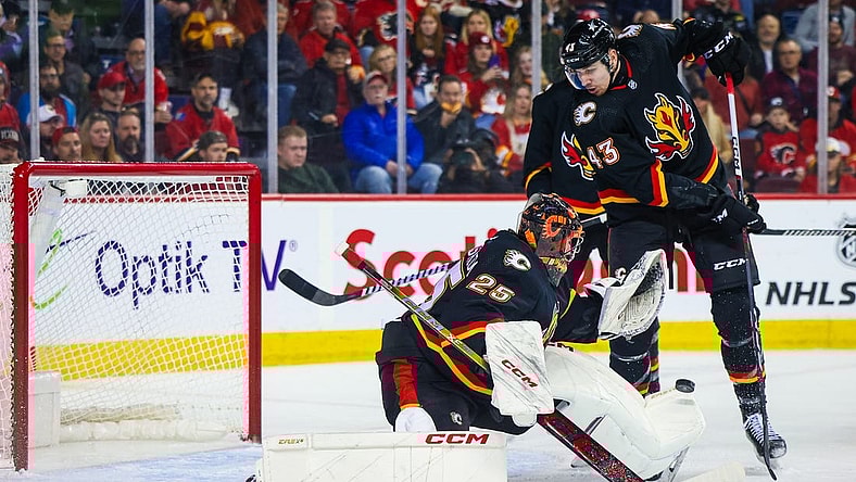 Jan 23, 2024; Calgary, Alberta, CAN; Calgary Flames goaltender Jacob Markstrom (25) makes a save against the St. Louis Blues during the first period at Scotiabank Saddledome. Mandatory Credit: Sergei Belski-USA TODAY Sports