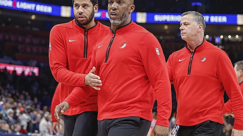 Jan 23, 2024; Oklahoma City, Oklahoma, USA; Portland Trail Blazers head coach Chauncey Billups walks off the court after being ejected late in the fourth quarter against the Oklahoma City Thunder at Paycom Center. Mandatory Credit: Alonzo Adams-USA TODAY Sports