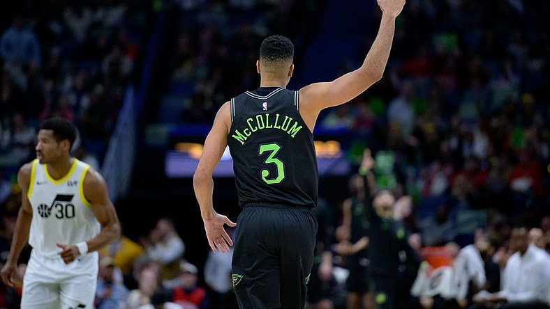 Jan 23, 2024; New Orleans, Louisiana, USA; New Orleans Pelicans guard CJ McCollum (3) celebrates a three-point basket against the Utah Jazz during the second half at Smoothie King Center. Mandatory Credit: Matthew Hinton-USA TODAY Sports
