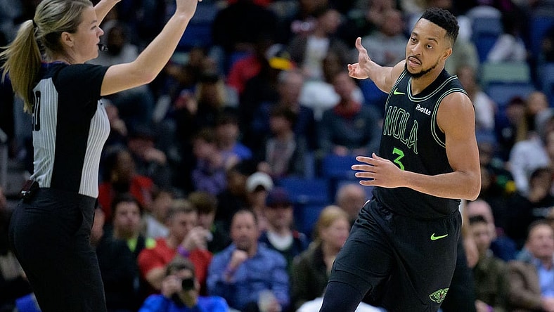 Jan 23, 2024; New Orleans, Louisiana, USA; New Orleans Pelicans guard CJ McCollum (3) celebrates a three-point basket against the Utah Jazz during the second half at Smoothie King Center. Mandatory Credit: Matthew Hinton-USA TODAY Sports