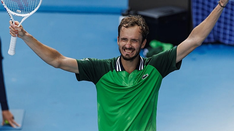 Jan 24, 2024; Melbourne, Victoria, Australia;  Daniil Medvedev of Russia celebrates his victory over Hubert Hurkacz of Poland in the quarter final of the men   s singles at the Australian Open.Mandatory Credit: Mike Frey-USA TODAY Sports