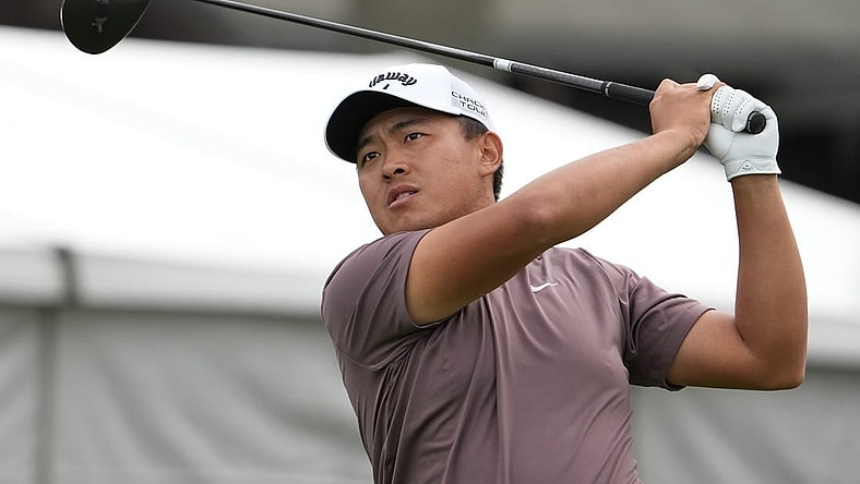 Jan 24, 2024; San Diego, California, USA; Kevin Yu hits his tee shot on the first hole during the first round of the Farmers Insurance Open golf tournament at Torrey Pines Municipal Golf Course - North Course. Mandatory Credit: Ray Acevedo-USA TODAY Sports