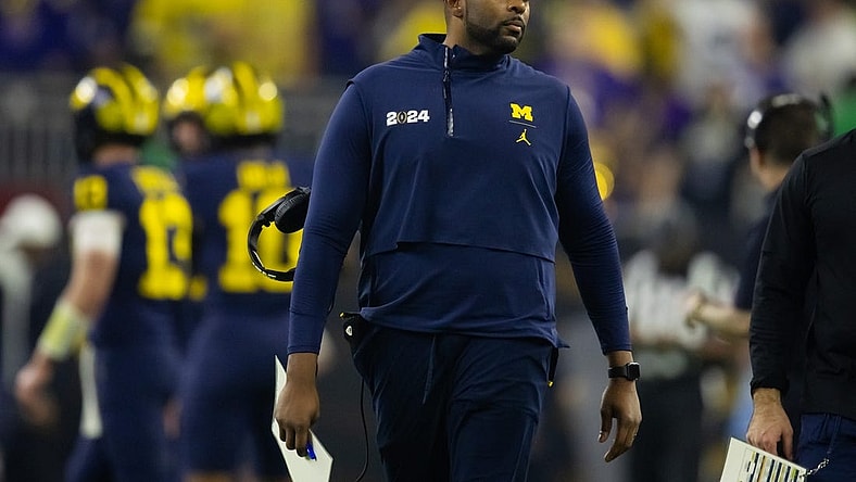 Jan 8, 2024; Houston, TX, USA; Michigan Wolverines offensive coordinator Sherrone Moore against the Washington Huskies during the 2024 College Football Playoff national championship game at NRG Stadium. Mandatory Credit: Mark J. Rebilas-USA TODAY Sports