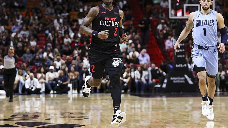 Jan 24, 2024; Miami, Florida, USA; Miami Heat guard Terry Rozier (2) runs on the court against the Memphis Grizzlies during the second quarter at Kaseya Center. Mandatory Credit: Sam Navarro-USA TODAY Sports