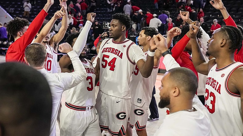 Jan 24, 2024; Athens, Georgia, USA; Georgia Bulldogs players react after defeating the LSU Tigers at Stegeman Coliseum. Mandatory Credit: Dale Zanine-USA TODAY Sports