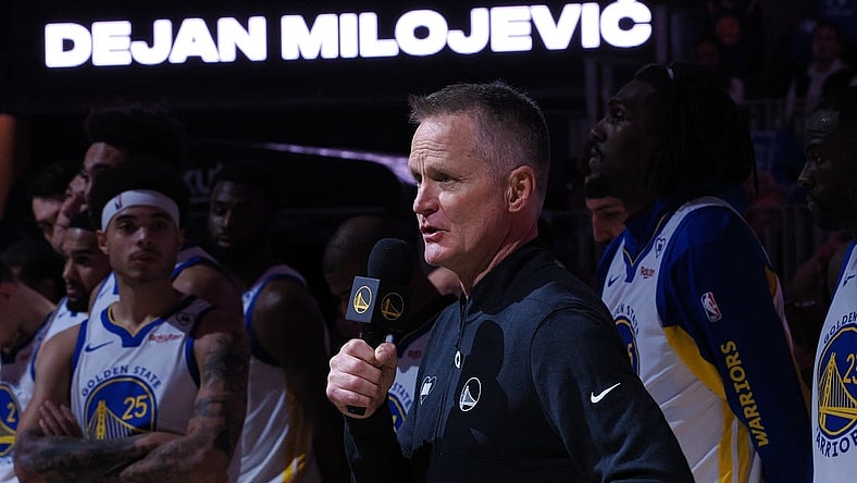 Jan 24, 2024; San Francisco, California, USA; Golden State Warriors head coach Steve Kerr speaks about the late assistant coach Dejan Milojevic before a game against the Atlanta Hawks at Chase Center. Mandatory Credit: Kelley L Cox-USA TODAY Sports