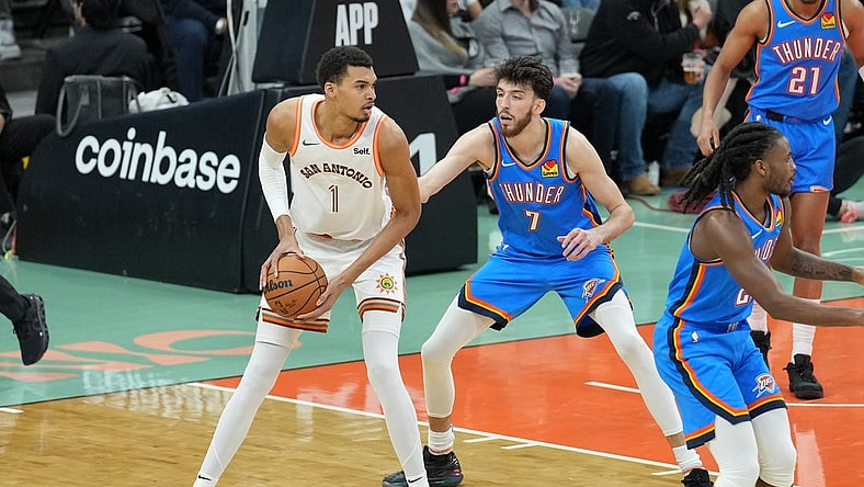 Jan 24, 2024; San Antonio, Texas, USA;  San Antonio Spurs center Victor Wembanyama (1) looks to pass in front of Oklahoma City Thunder forward Chet Holmgren (7) in the first half at Frost Bank Center. Mandatory Credit: Daniel Dunn-USA TODAY Sports