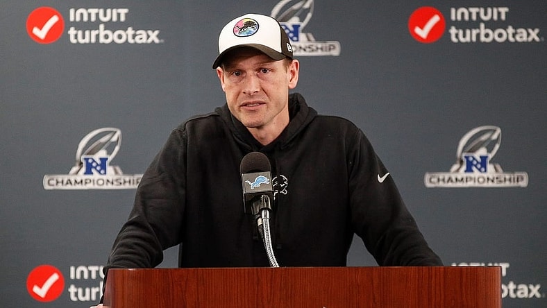 Detroit Lions offensive coordinator Ben Johnson speaks at Detroit Lions headquarters and training facility in Allen Park on Thursday, Jan. 25, 2024.
