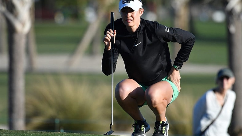 Nelly Korda, from Bradenton, Florida, studies her putt on the first hole Thursday, Jan. 25, 2024 at the LPGA Drive On Championship at the Bradenton Country Club in Bradenton, Florida.