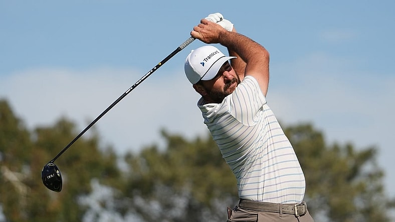 Jan 26, 2024; San Diego, California, USA; Stephan Jaeger hits his tee shot on the second hole during the third round of the Farmers Insurance Open golf tournament at Torrey Pines Municipal Golf Course - South Course. Mandatory Credit: Ray Acevedo-USA TODAY Sports