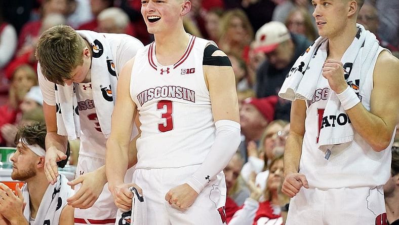 Jan 26, 2024; Madison, Wisconsin, USA; Wisconsin Badgers guard Connor Essegian (3) celebrates a basket during the second half against the Michigan State Spartans at the Kohl Center. Mandatory Credit: Kayla Wolf-USA TODAY Sports
