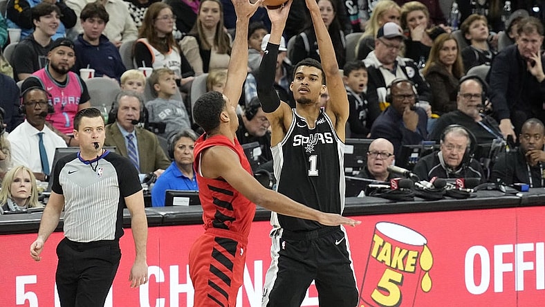 Jan 26, 2024; San Antonio, Texas, USA; San Antonio Spurs forward Victor Wembanyama (1) shoots over Portland Trail Blazers forward Kris Murray (8) during the first half at Frost Bank Center. Mandatory Credit: Scott Wachter-USA TODAY Sports
