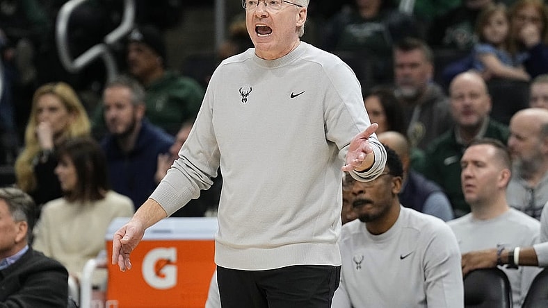 Jan 26, 2024; Milwaukee, Wisconsin, USA;  Milwaukee Bucks interim head coach Joe Prunty reacts to a call during the fourth quarter against the Cleveland Cavaliers at Fiserv Forum. Mandatory Credit: Jeff Hanisch-USA TODAY Sports