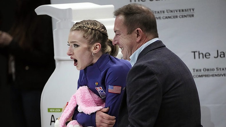 Jan 26, 2024; Columbus, Ohio, USA; Amber Glenn reacts after her score was posted in the championship women   s free skate during the 2024 US Figure Skating Championships at Nationwide Arena. Mandatory Credit: Adam Cairns-USA TODAY Sports
