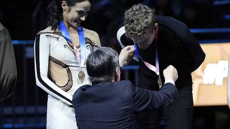 Jan 27, 2024; Columbus, Ohio, USA; Madison Chock and Evan Bates react after the championship free dance during the 2024 US Figure Skating Championships at Nationwide Arena. Mandatory Credit: Adam Cairns-USA TODAY Sports