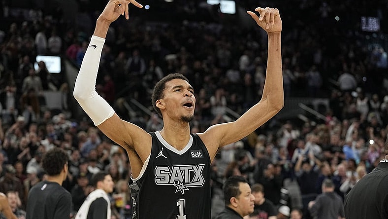 Jan 27, 2024; San Antonio, Texas, USA; San Antonio Spurs forward Victor Wembanyama (1) reacts after a victory over the Minnesota Timberwolves at Frost Bank Center. Mandatory Credit: Scott Wachter-USA TODAY Sports