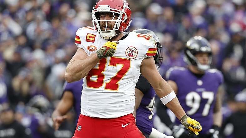 Jan 28, 2024; Baltimore, Maryland, USA; Kansas City Chiefs tight end Travis Kelce (87) celebrates after scoring a touchdown against the Baltimore Ravens during the first half in the AFC Championship football game at M&T Bank Stadium. Mandatory Credit: Geoff Burke-USA TODAY Sports